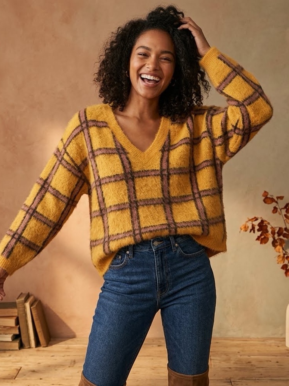 ModCloth Already Checked In Pullover Sweater Yellow Plaid XL